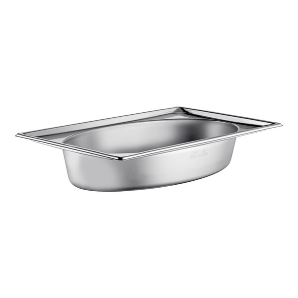 A stainless steel Vollrath Super Shape oval pan with a rectangular edge.