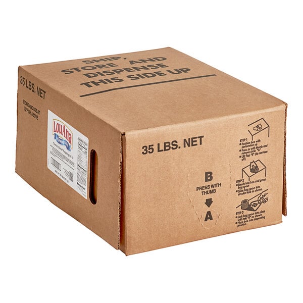A brown LouAna Bag-in-Box with black and white text.