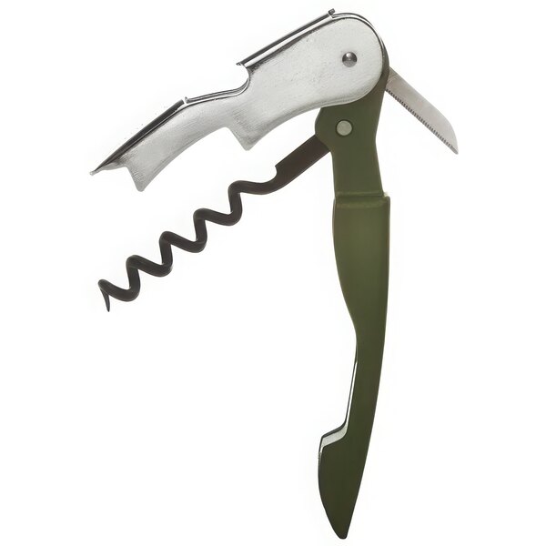 A PullPlus corkscrew with a matte green rubberized handle and a knife.