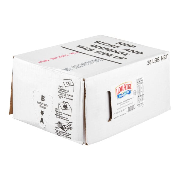 A white cardboard box labeled 'LouAna' with instructions and a handle cutout, marked as containing 35 lbs. net weight.