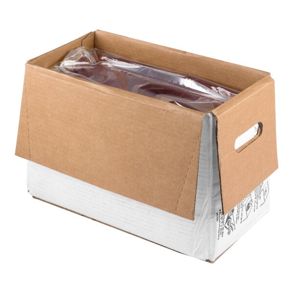A cardboard box with a plastic bag containing a liquid, partially open to show the contents inside.