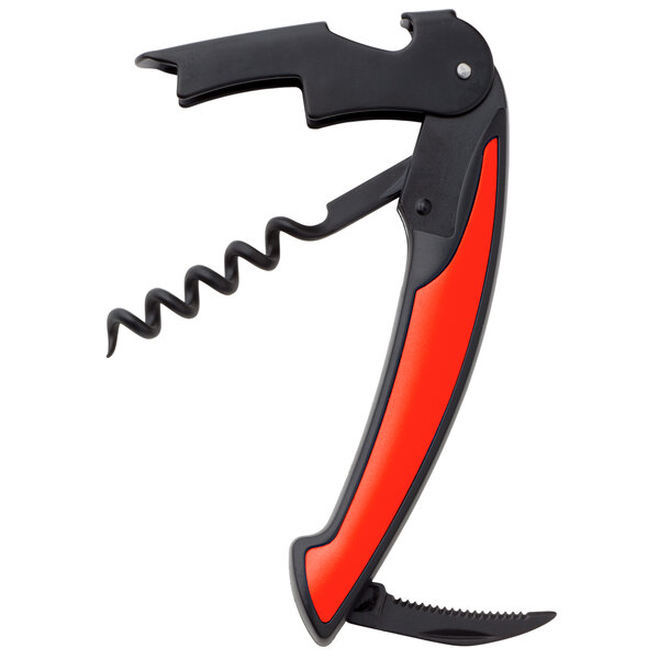 A black and red Franmara waiter's corkscrew with a corkscrew.