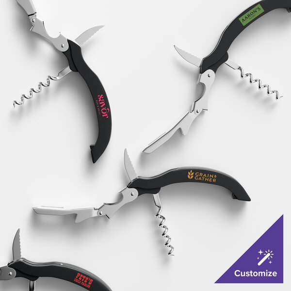 A set of customizable black-handled waiter's corkscrews with metal components and various printed logos.