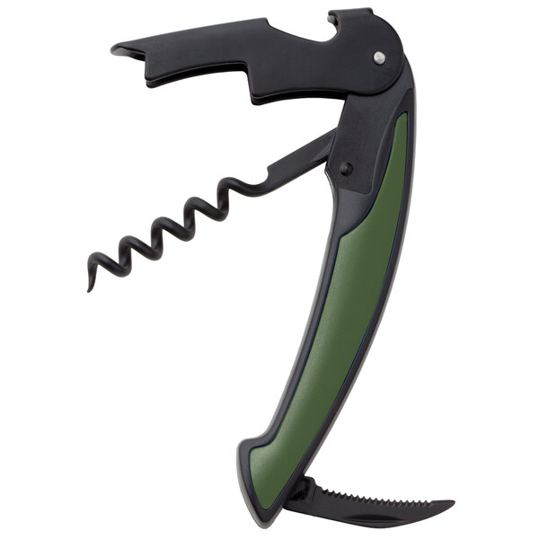 A black and green Franmara waiter's corkscrew with a green handle.
