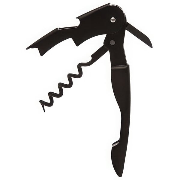 A PullPlus vintage all black waiter's corkscrew with a black corkscrew and handle.