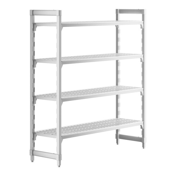 A white plastic Cambro Premium shelving unit with 4 vented shelves.