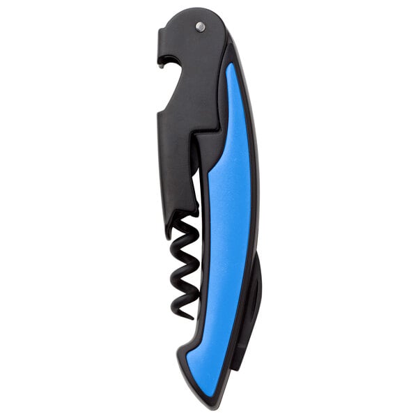 A Franmara waiter's corkscrew with a black and blue handle.