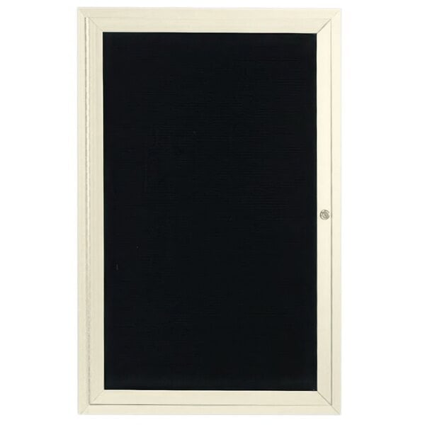 An ivory Aarco enclosed hinged outdoor directory board with a black letter board.