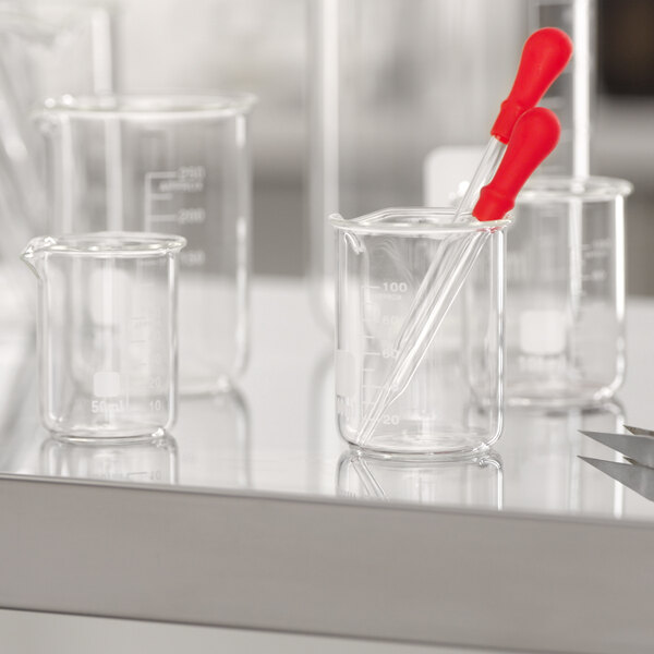 A Regency stainless steel wire shelf kit with a clear beaker with red handles on it.