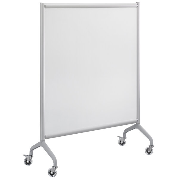 A white Safco Rumba whiteboard collaboration screen on wheels.