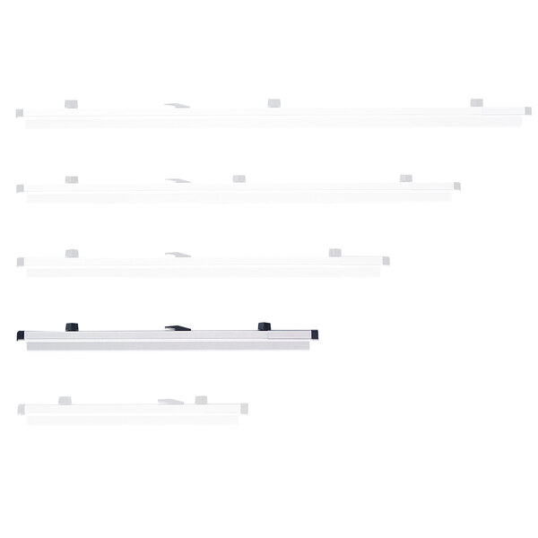 A group of Safco hanging clamps on white shelves.