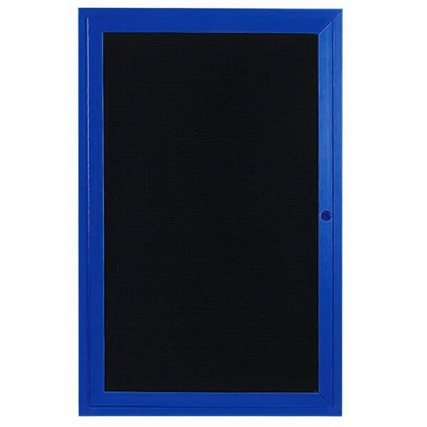 A black board with a blue frame and black letter board inside a blue door with a black frame.