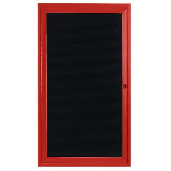 A red aluminum enclosed directory board with a black letter board inside.