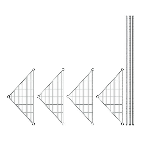 A wire shelving system with triangle-shaped shelves and metal bars forming the frame.