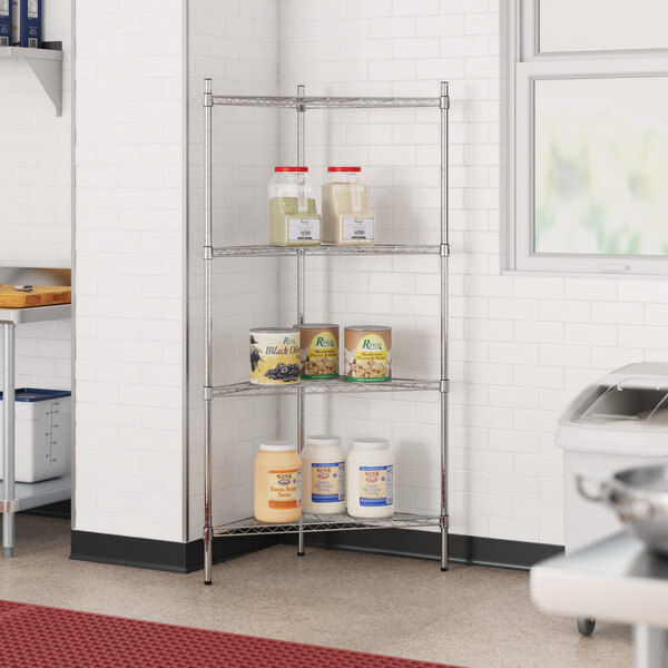 A Regency chrome wire shelf with food containers on it.