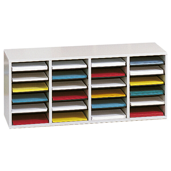 A gray Safco file organizer with papers on the shelves.