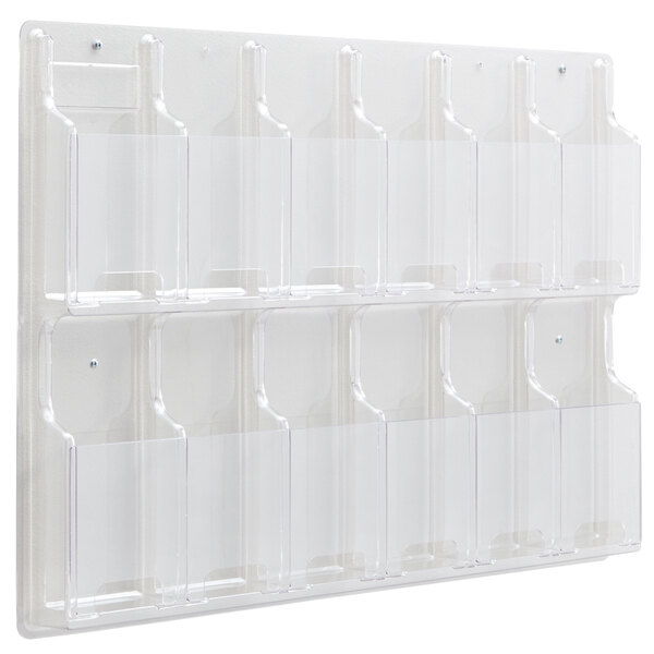 A white Safco wall-mount display rack with clear plastic pockets.