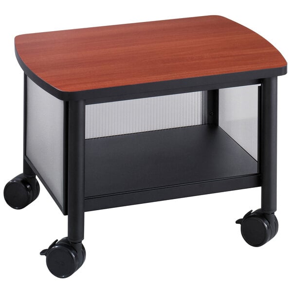 A black Safco printer stand with cherry accents and wheels.