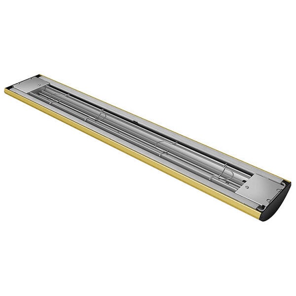 A long metal curved rectangular tube with a yellow stripe.