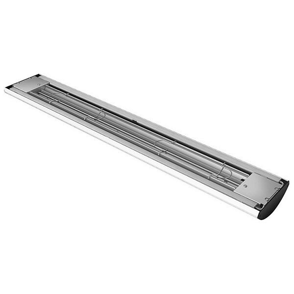 A long white granite Hatco food warmer with silver and black lights.