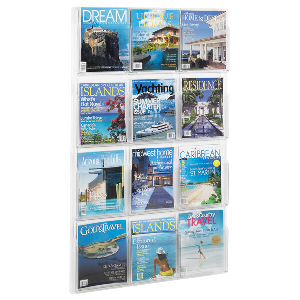 A Safco Reveal wall-mounted magazine rack filled with magazines.