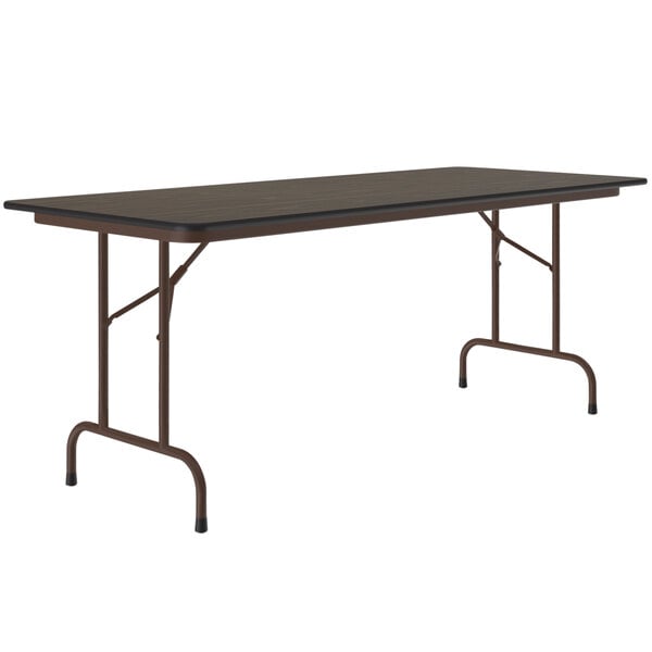 A walnut Correll rectangular folding table with a metal frame.