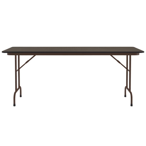 A walnut rectangular Correll folding table with a metal frame.