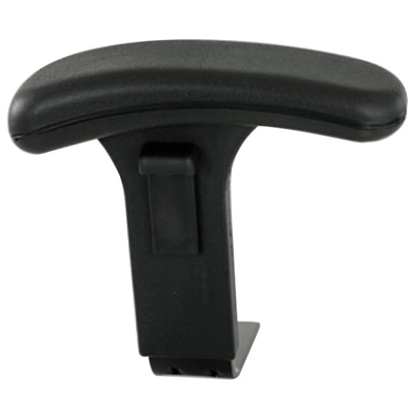 A close-up of a black Safco Uber adjustable T-pad armrest with a clip.