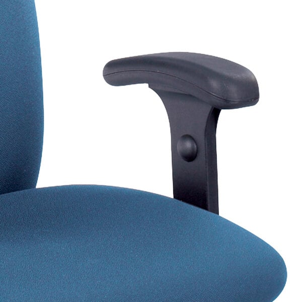 The black Safco Uber adjustable armrest on a blue office chair.