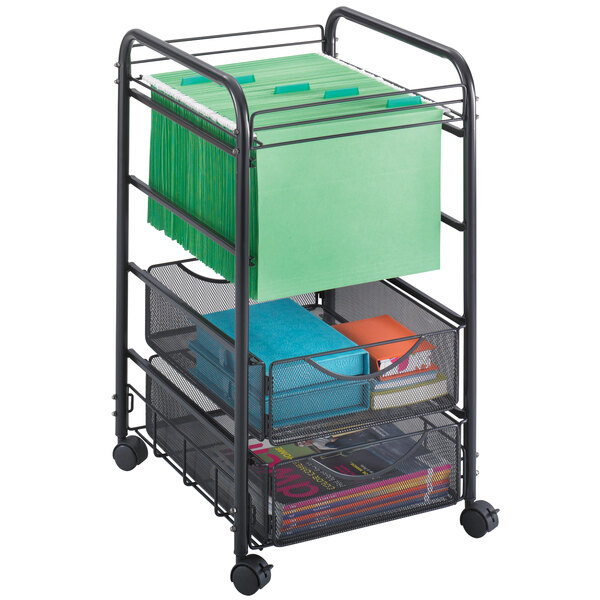 A black Safco Onyx file cart with green file folders.