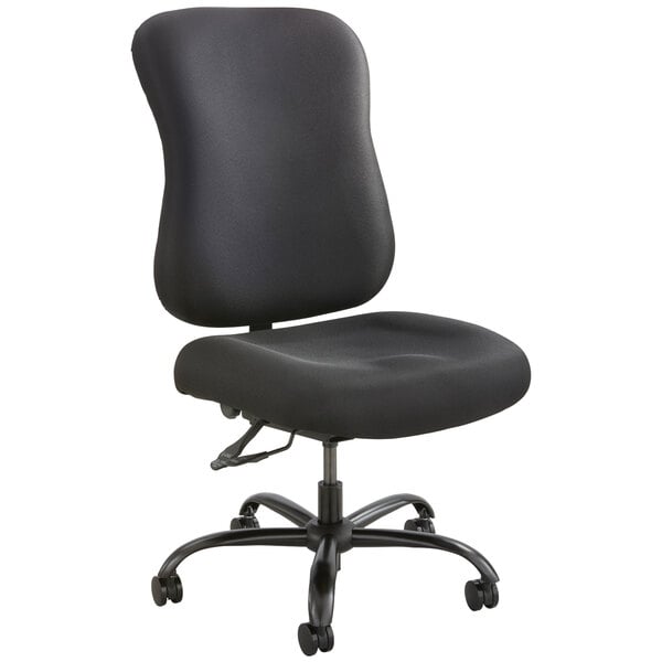 A Safco Optimus big and tall office chair with black seat and back on wheels.