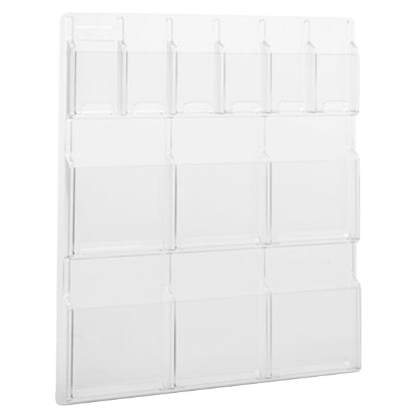 A clear plastic Safco wall-mount display rack with 12 compartments.