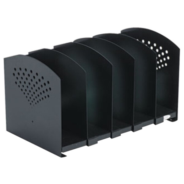 A black metal Safco book rack with adjustable sections.