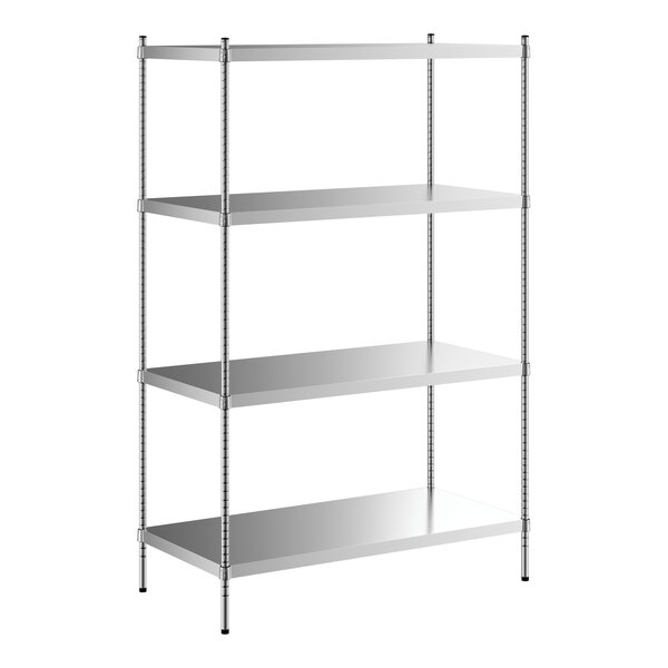 A Regency stainless steel wire shelving unit with four shelves.