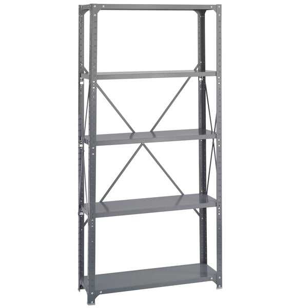 A dark grey metal Safco shelving unit with four shelves.