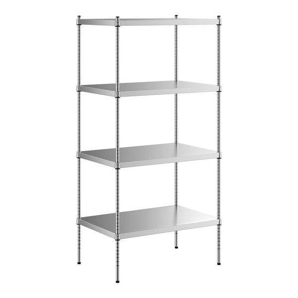 A Regency stainless steel wire shelving unit with four shelves.