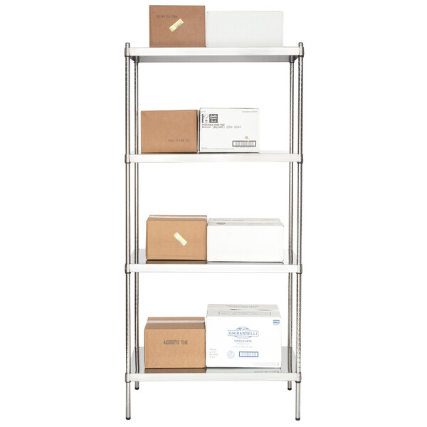 A Regency stainless steel wire shelving unit with boxes on the shelves.