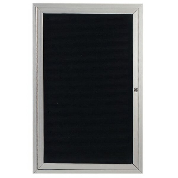 A black board with a silver frame behind a locked glass door.