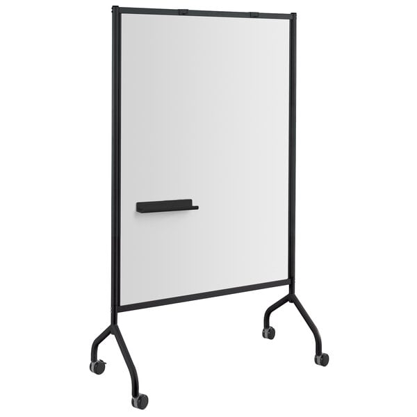 A white board with black wheels.