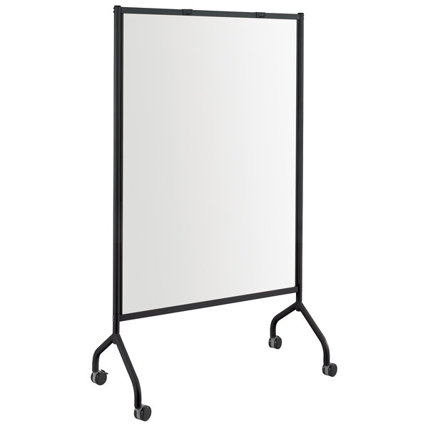 A whiteboard on wheels with black legs.