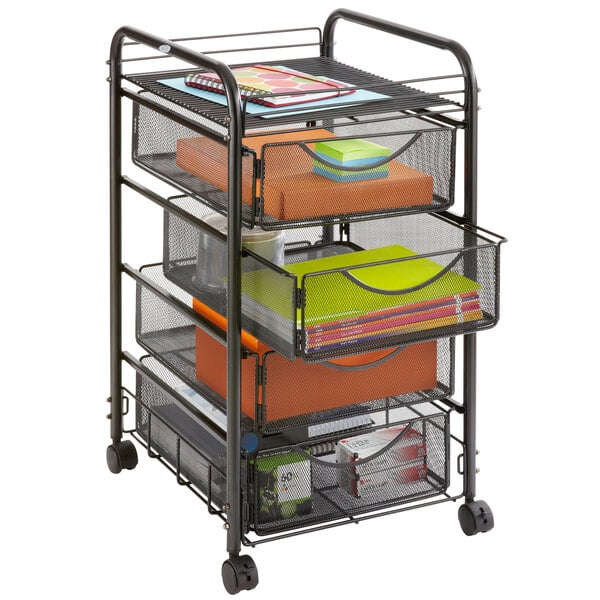 A black Safco wire mesh cart with four drawers.