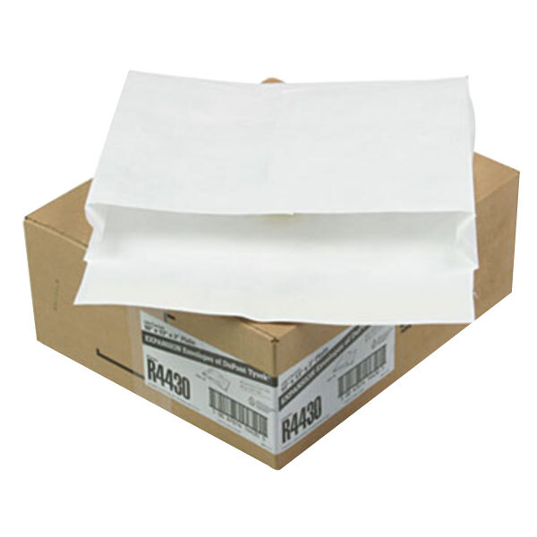 A brown box with white Survivor Tyvek Expansion Mailers on top.