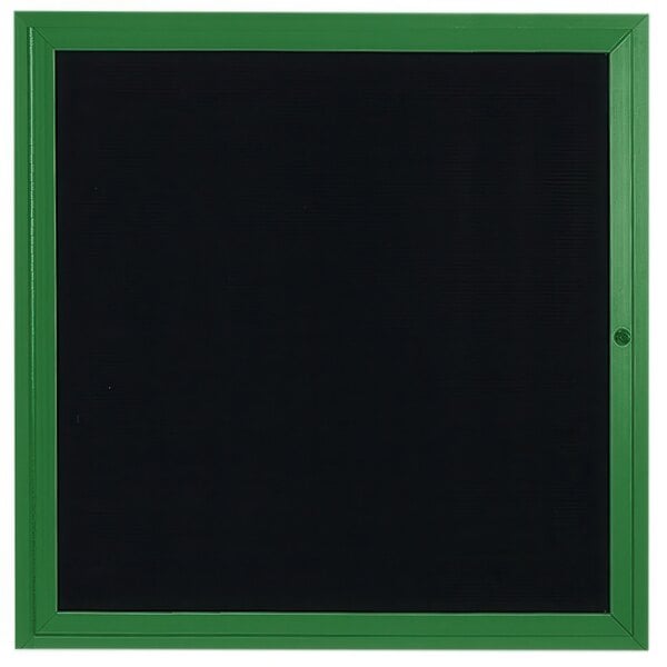 An Aarco green aluminum enclosed bulletin board with a black border.