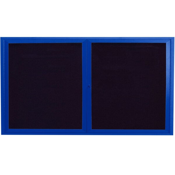 A blue aluminum outdoor directory board with two blue framed doors and a black letter board.