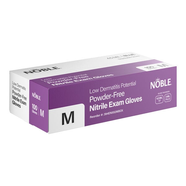 A box of Noble Low Dermatitis Potential Powder-Free Nitrile Exam Gloves in medium size, containing 100 gloves.