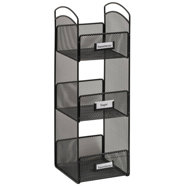 A black wire mesh shelf with three drawers.