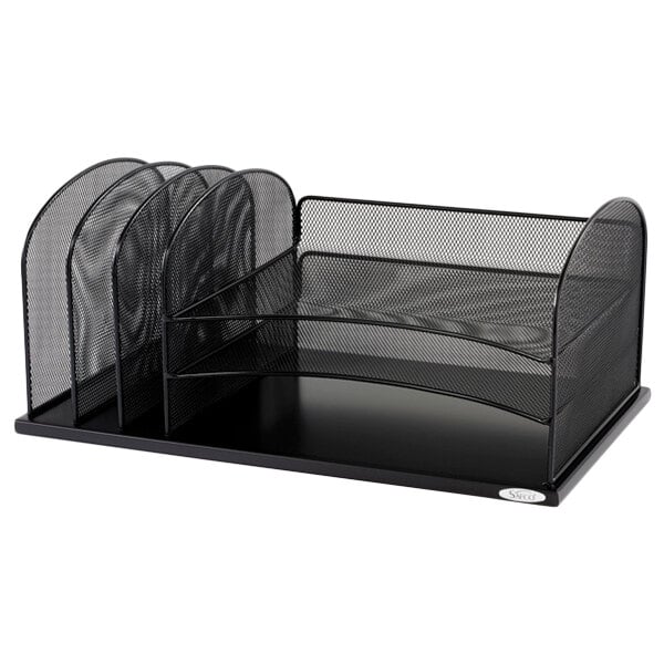 A black Safco wire mesh desktop organizer with six sections.