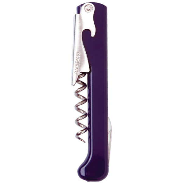 A Franmara Capitano corkscrew with a dark blue plastic handle.