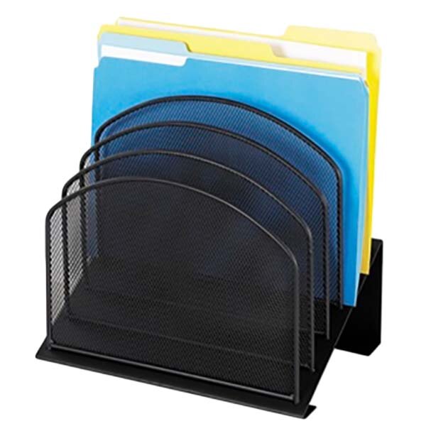 A black Safco tiered mesh desktop organizer with five sections holding several folders.