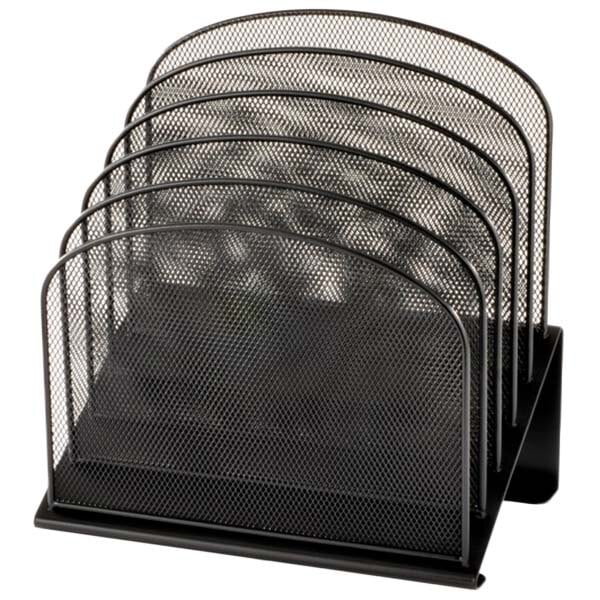 A black Safco tiered mesh desktop organizer with 5 sections.